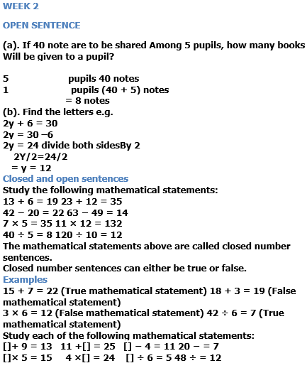 Lesson Note On OPEN SENTENCE - Mathematics Primary 6 (Basic Six) Third ...